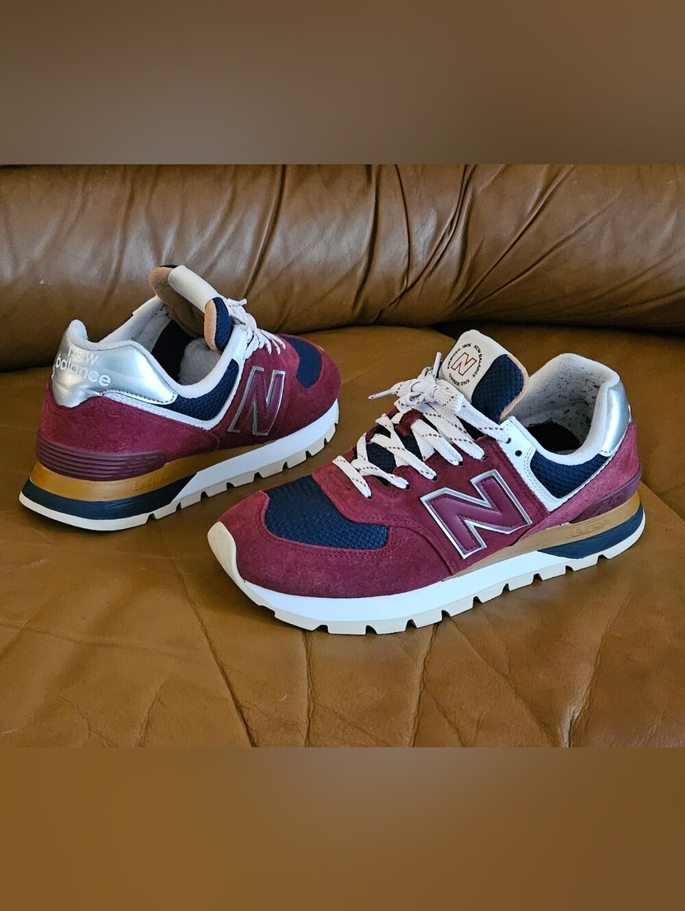 Men's New Balance Blue Grey Burgundy Suede Sneakers Size 9